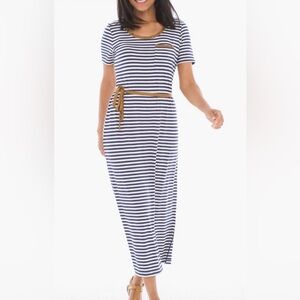 Chico’s Navy White Striped Tan Trim Stud Accents Maxi T-Shirt Dress 2 or Large